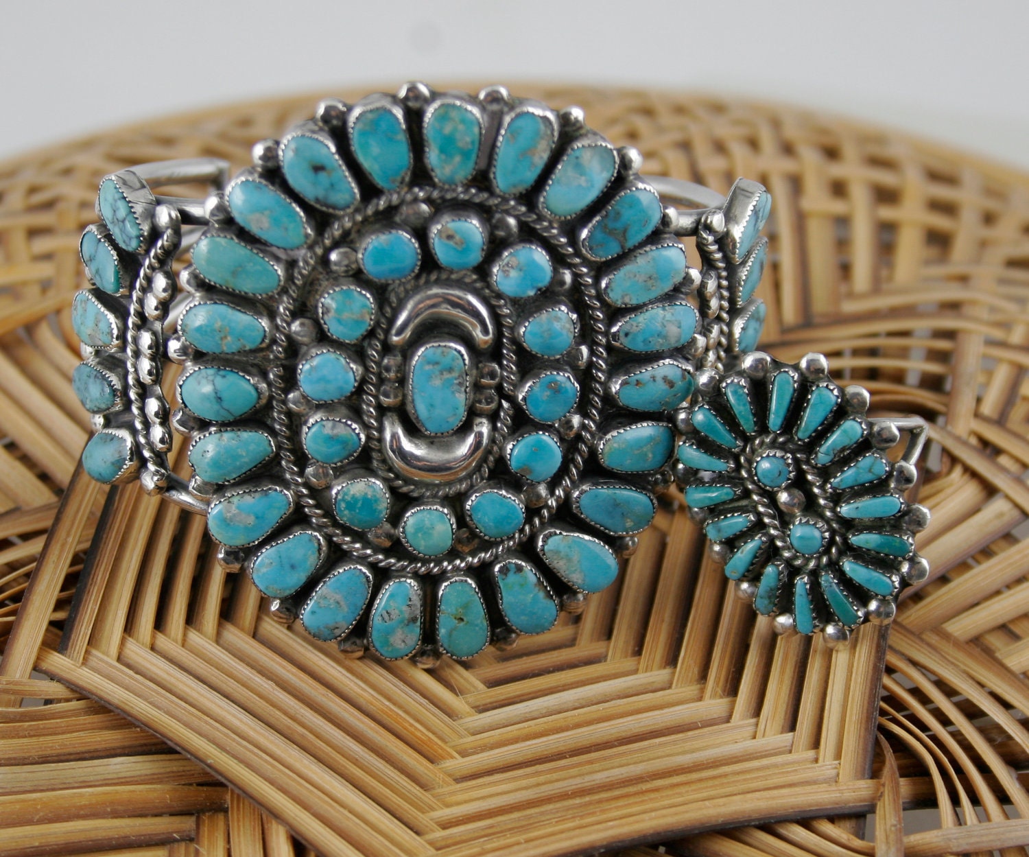 Reserved....Vintage Sterling Silver and Turquoise Cuff Bracelet and Matching Ring (Size 8.5) by Navajo Nation Artisans circa late 1960s