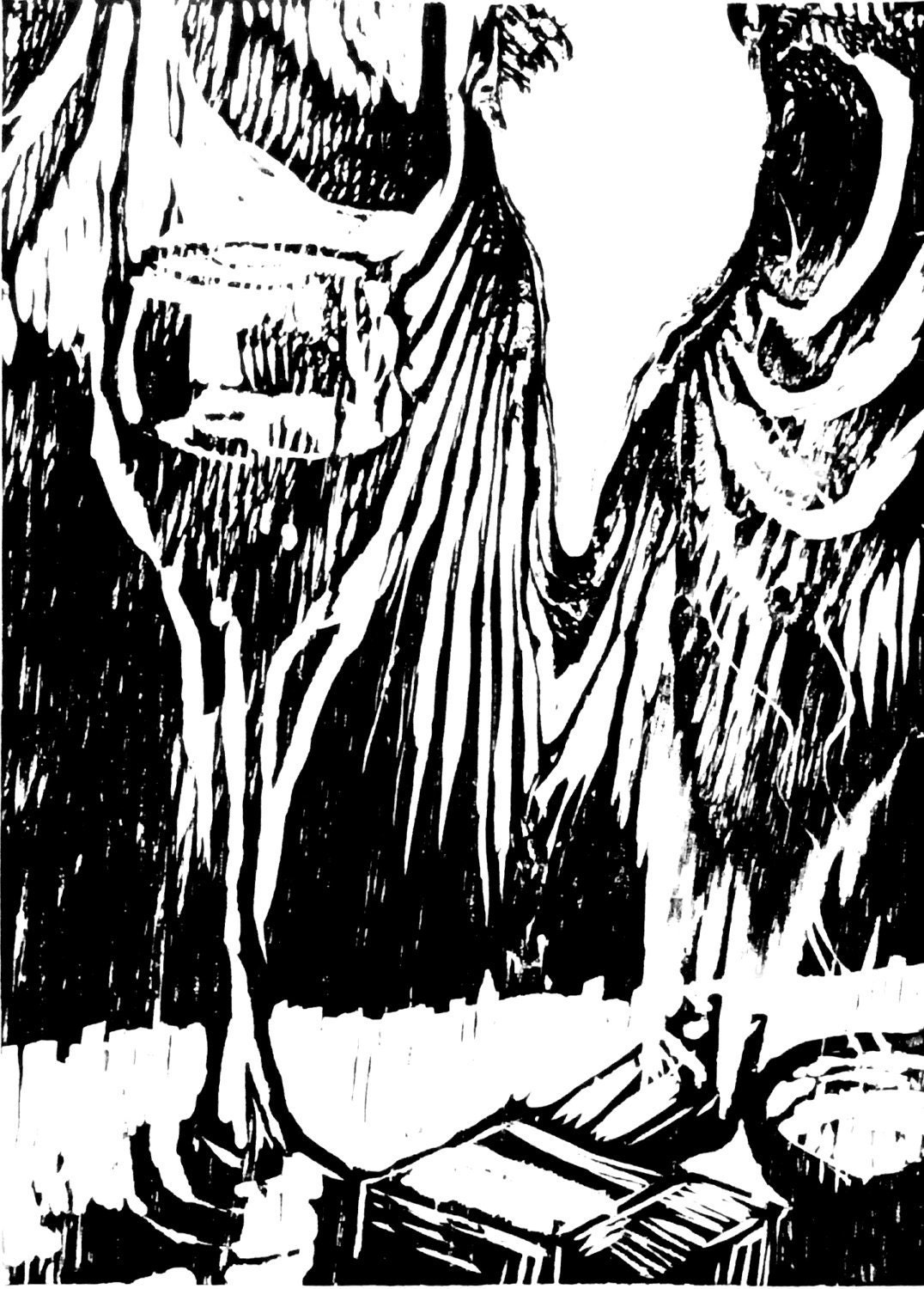 Black and white woodcut relief print, hand carved and printed on found wood "Wine"