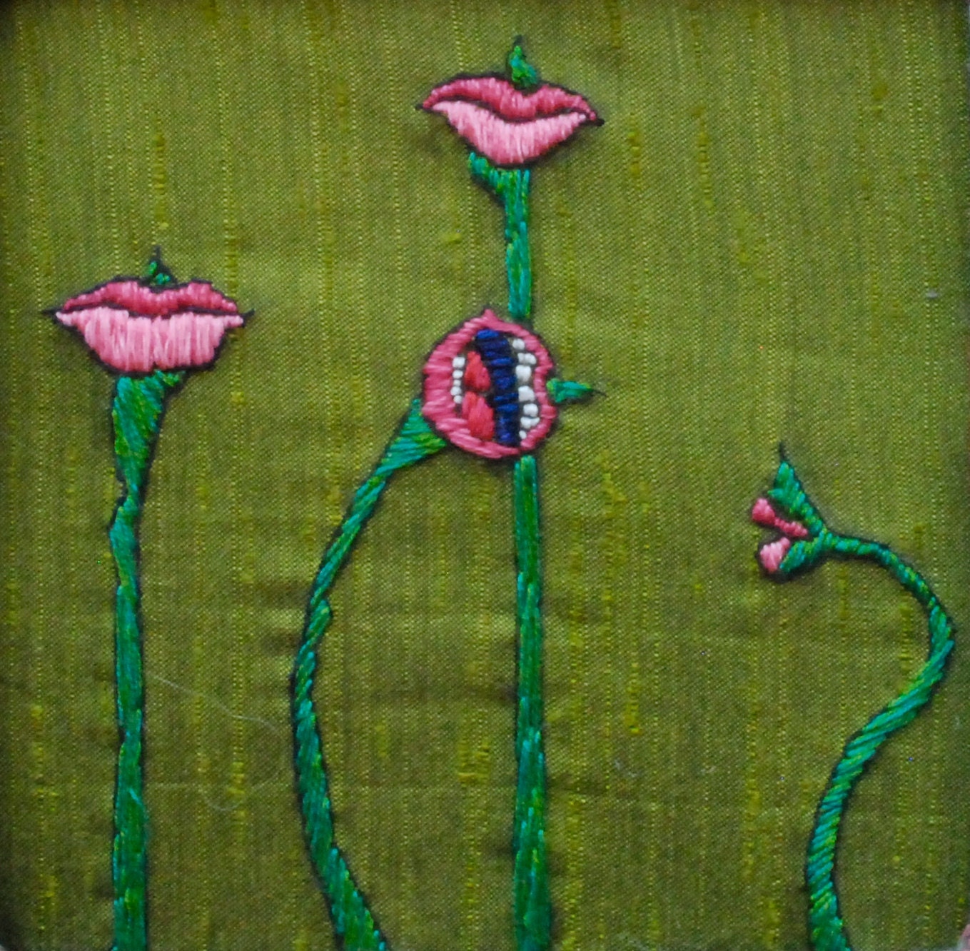 Framed,emerald  green hand embroidery: Sisters,The happiest mouths in the garden