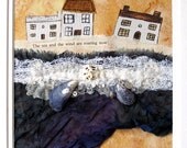 the sea and the wind are roaring now - original textile art - framed mixed media stitched textiles collage