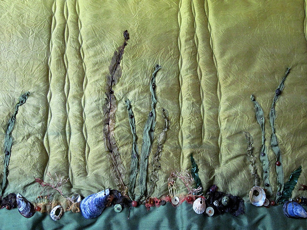 SEASIDE ART QUILT - St. Ives Cornwall quirky cottages houses beach sea seaweed shells beads - hand dyed silk embroidery beading applique