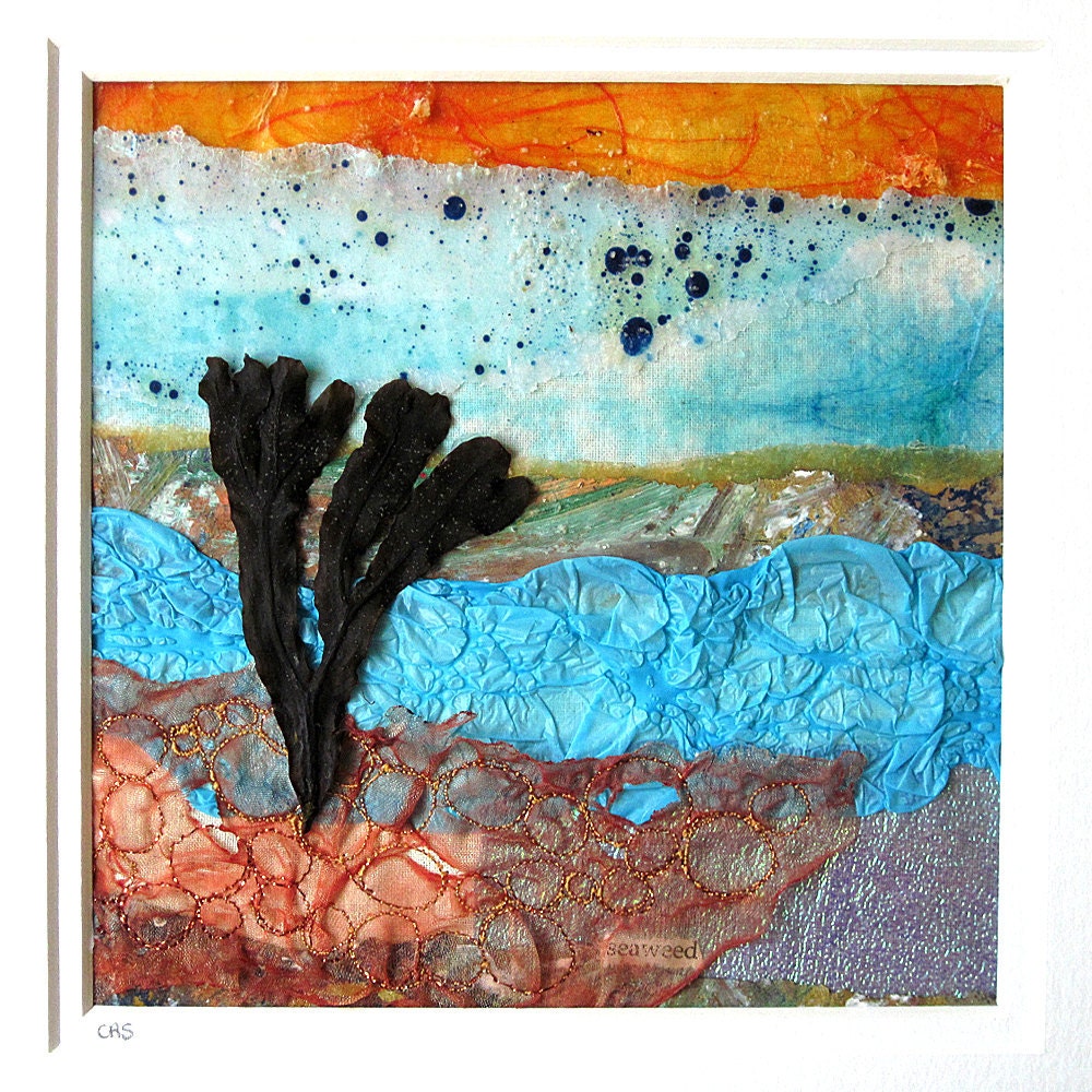 SEAWEED - original textile art - framed mixed media stitched textiles collage - wax, melted recycled materials shimmer papers stitch