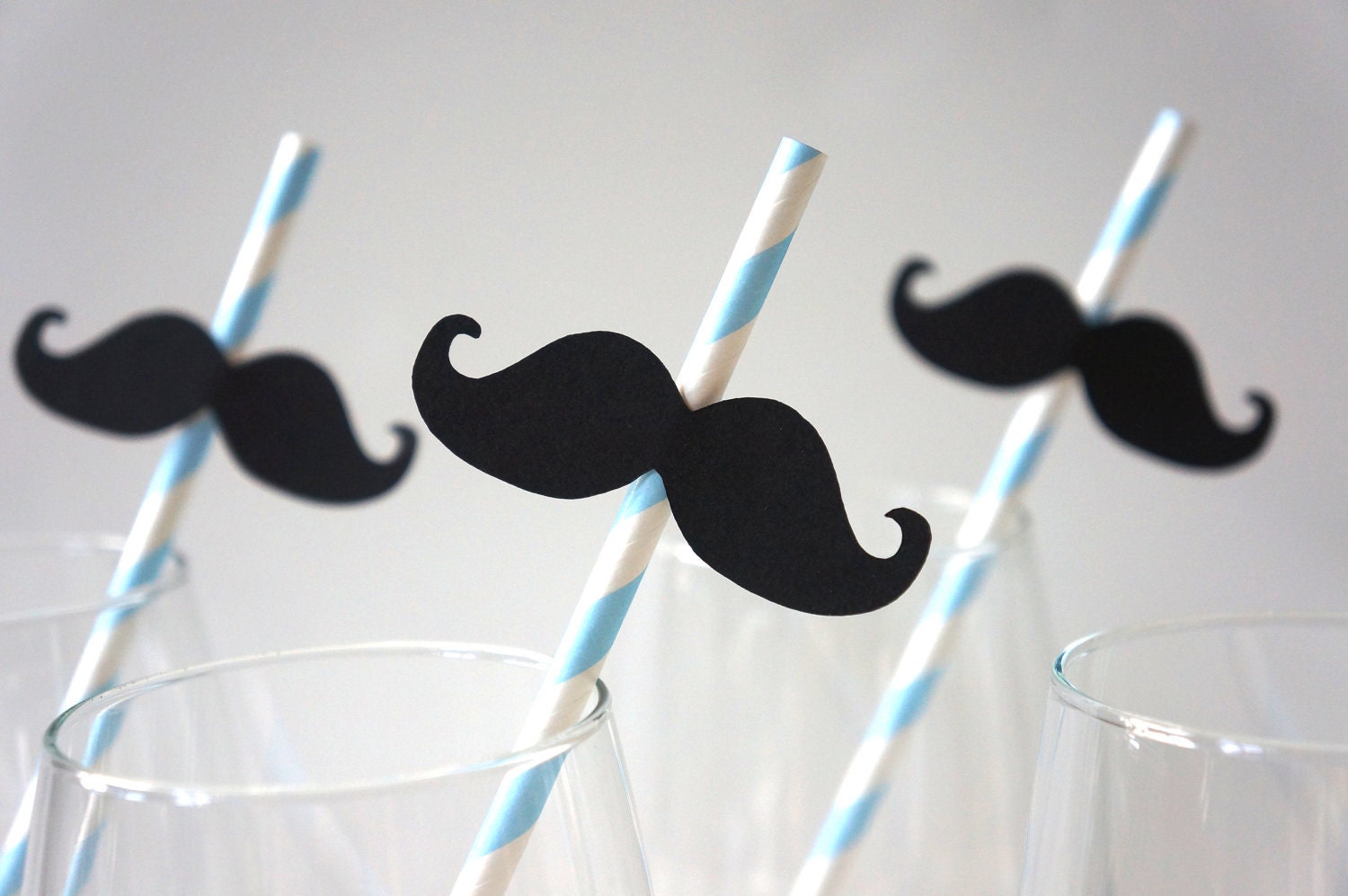 SALE - Photo Booth Props - Mustache Straw Photo Props - Set of 5 - Mustaches on BABY BLUE Striped Paper Straws