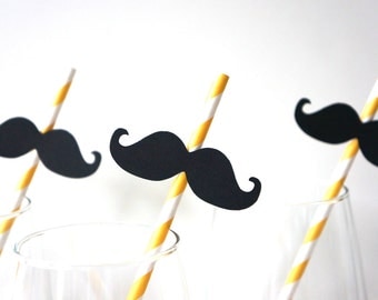 SALE - Photo Booth Props - Mustache Straw Photo Props - Set of 5 - Mustaches on YELLOW Striped Paper Straws