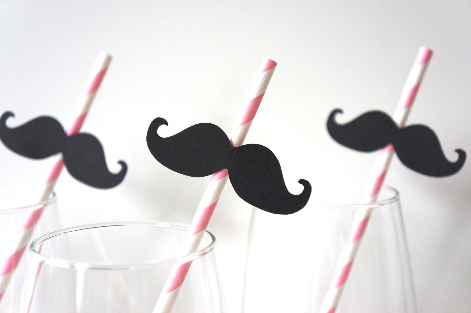 SALE - Photo Booth Props - Mustache Straw Photo Props - Set of 5 - Mustaches on BABY PINK Striped Paper Straws