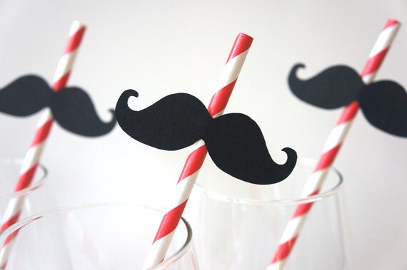 SALE - Photo Booth Props - Mustache Straw Photo Props - Set of 5 - Mustaches on RED Striped Paper Straws