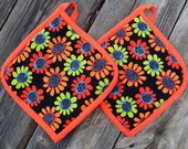 Neon Orange & Black Fiercely Protective Pot Holders (2) Vintage Style