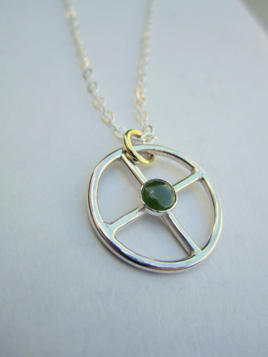 Silver Crank Necklace with Jade and Brass Accent
