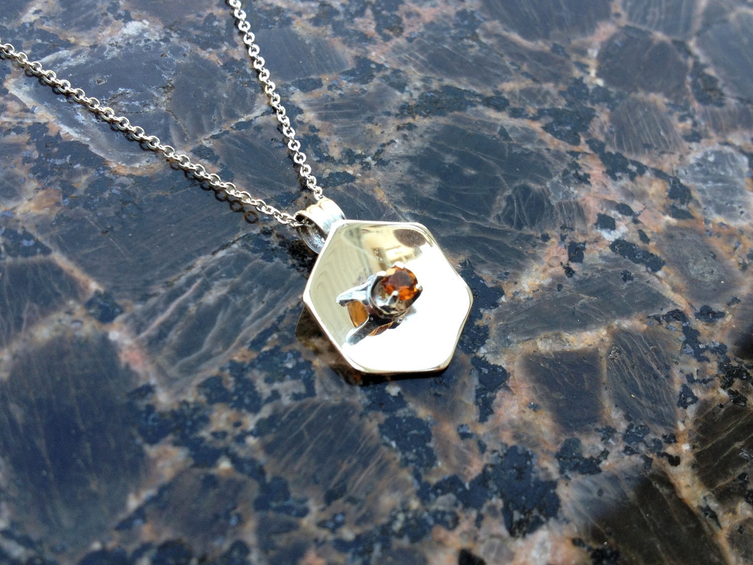 Hexagon Geometric Fire Citrine Necklace Sterling Silver