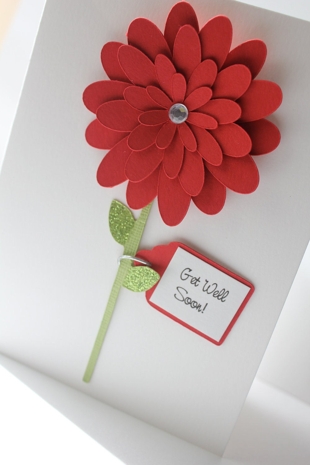 Personalize - Cherry Red Flower with Tag - Get Well Soon Card - Happy Birthday - Thank You - Congratulations - Mother's Day