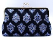Blue Damask on Indigo - Large Clutch Purse (L-043)