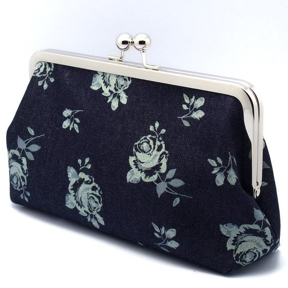 White Roses on Blue - Large Clutch Purse (L-063)