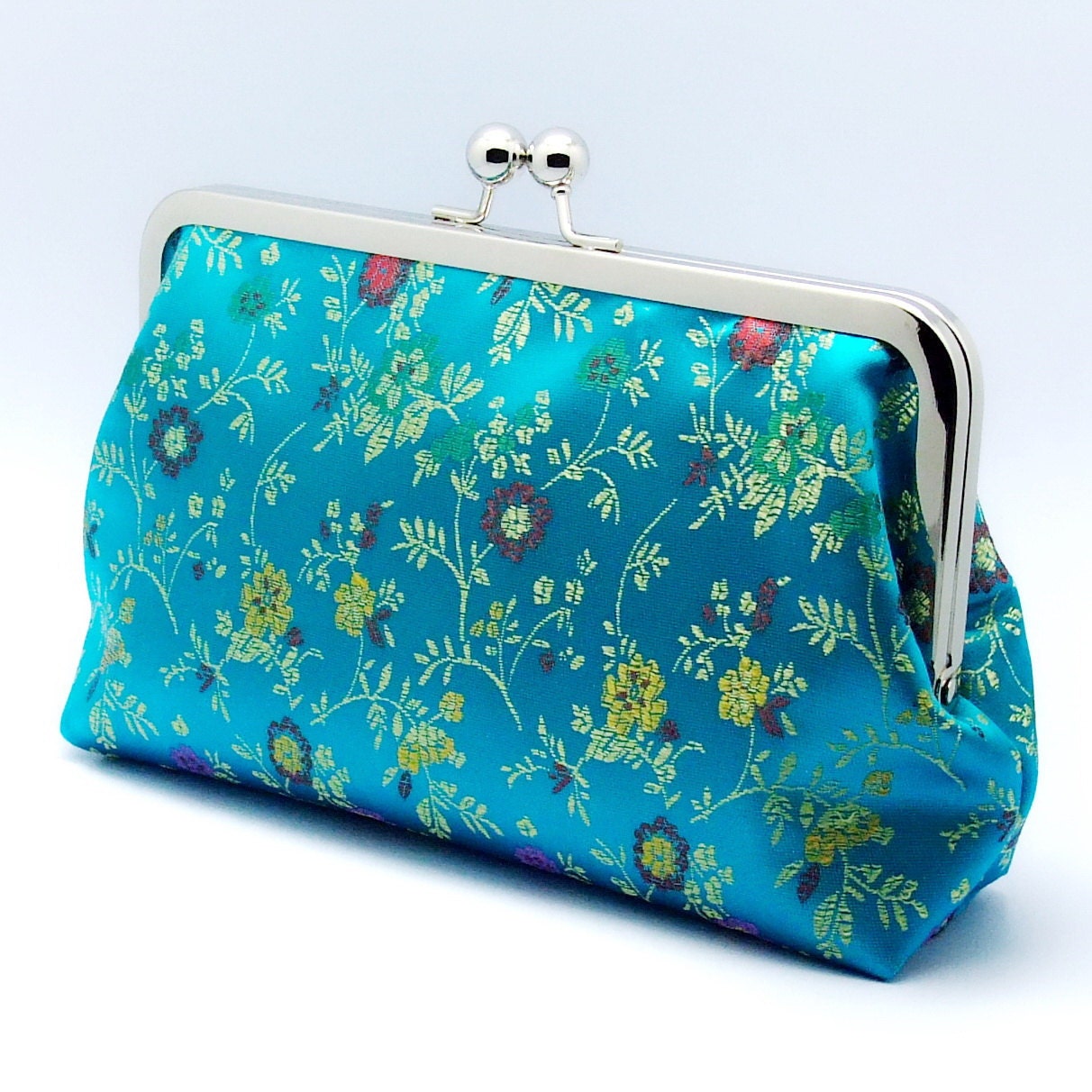 Flowers and leaves on blue (Chinese silk brocade) - Large Clutch Purse (L-071)