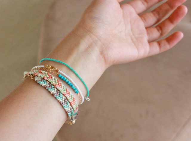 woven chevron gold bracelet - teal / grey