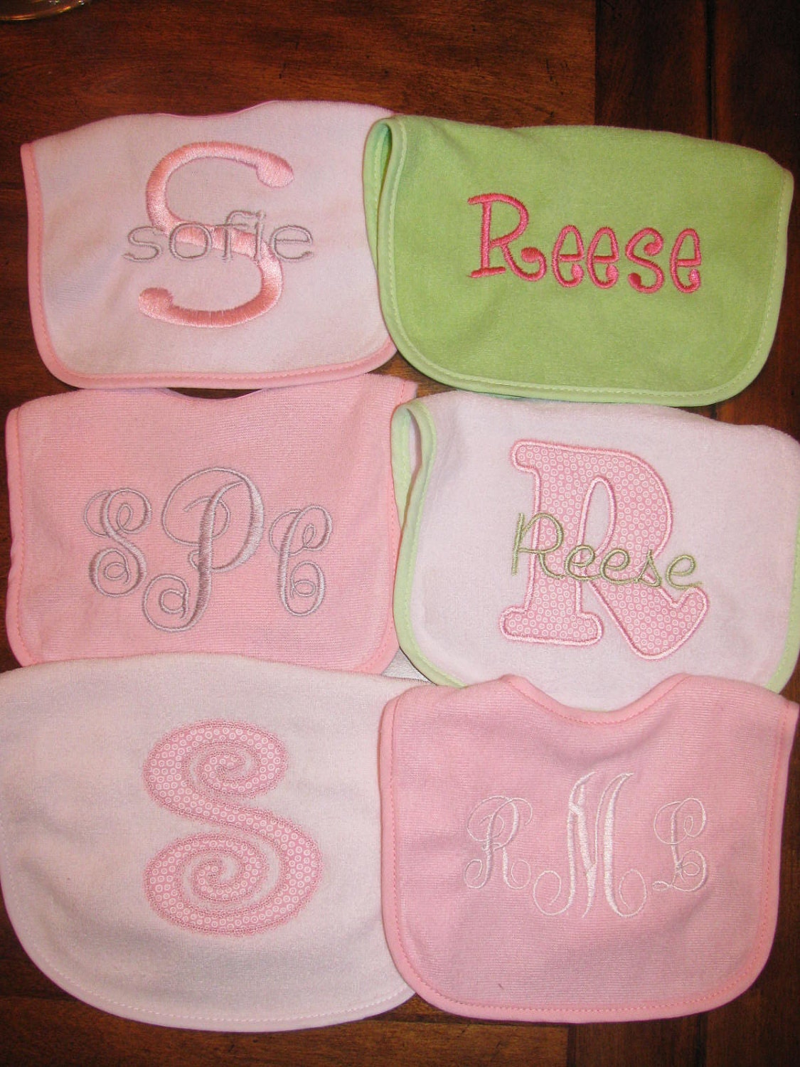 Set of three monogrammed bibs--you choose design