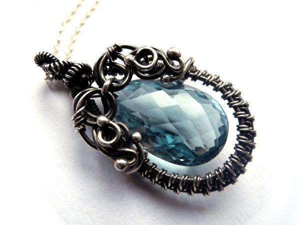 Silver Precious Necklace for elegant woman with natural stone - swiss blue Topaz, set with the sterling silver chain, ooak.