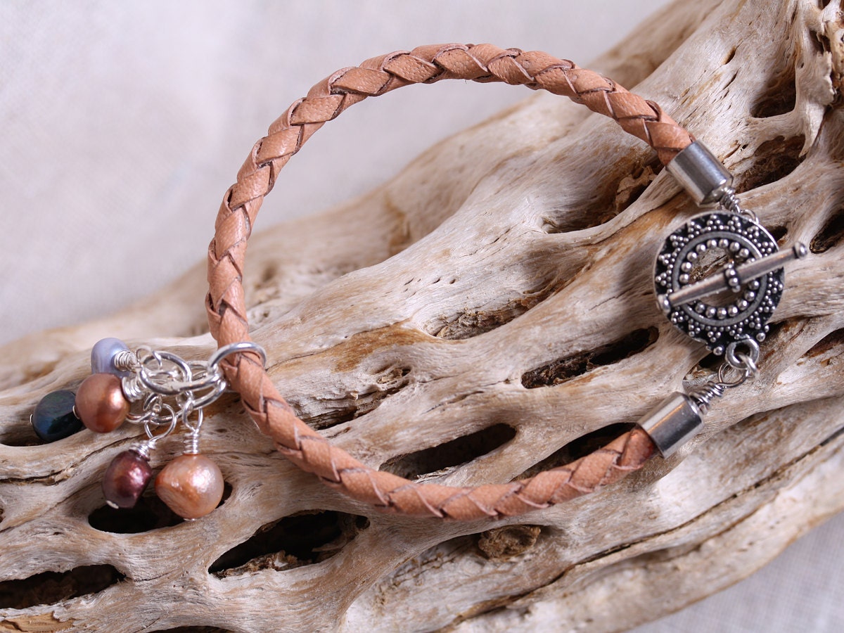 Rustic Wire Wrap Freshwater Pearls On Natural Leather Bolo Cord With Silver Starburst Toggle