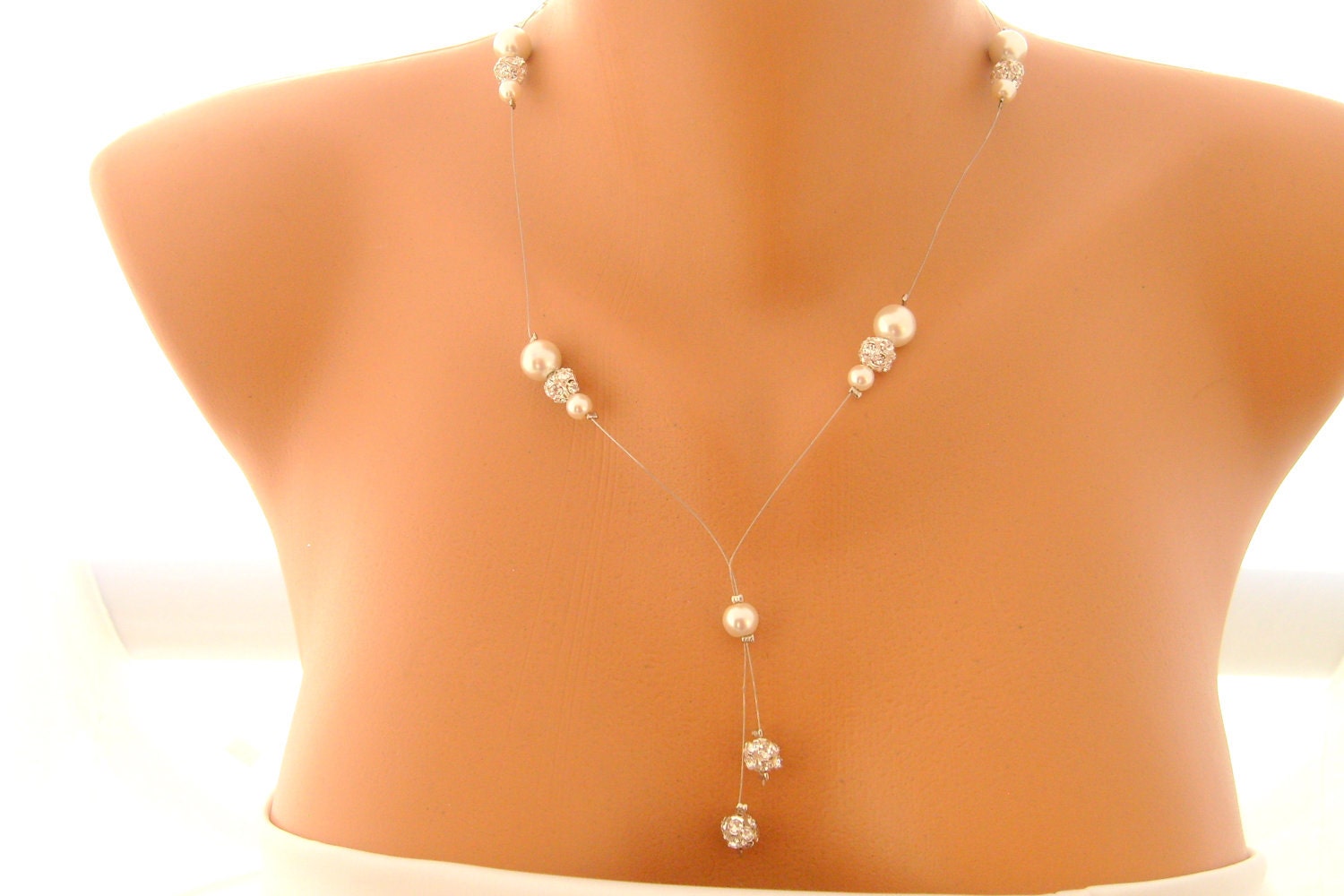 Floating pearl bridal necklace with pearl and crystal balls wedding jewelry bridal jewelry bridesmaid gifts