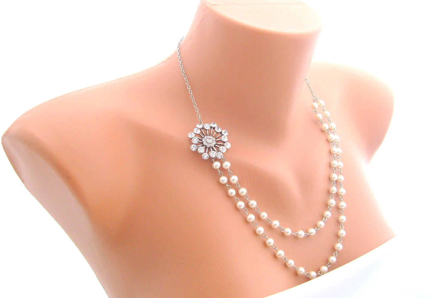 Art deco swarovski crystal rhinestone wedding necklace decorated double strands ivory pearls wedding jewelry bridal jewelry