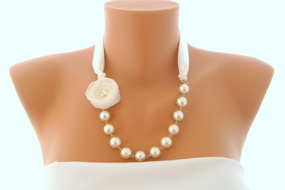 Bridal necklace vory organza rose and ivory pearl handmade wedding necklace wedding jewelry bridesmaid gifts