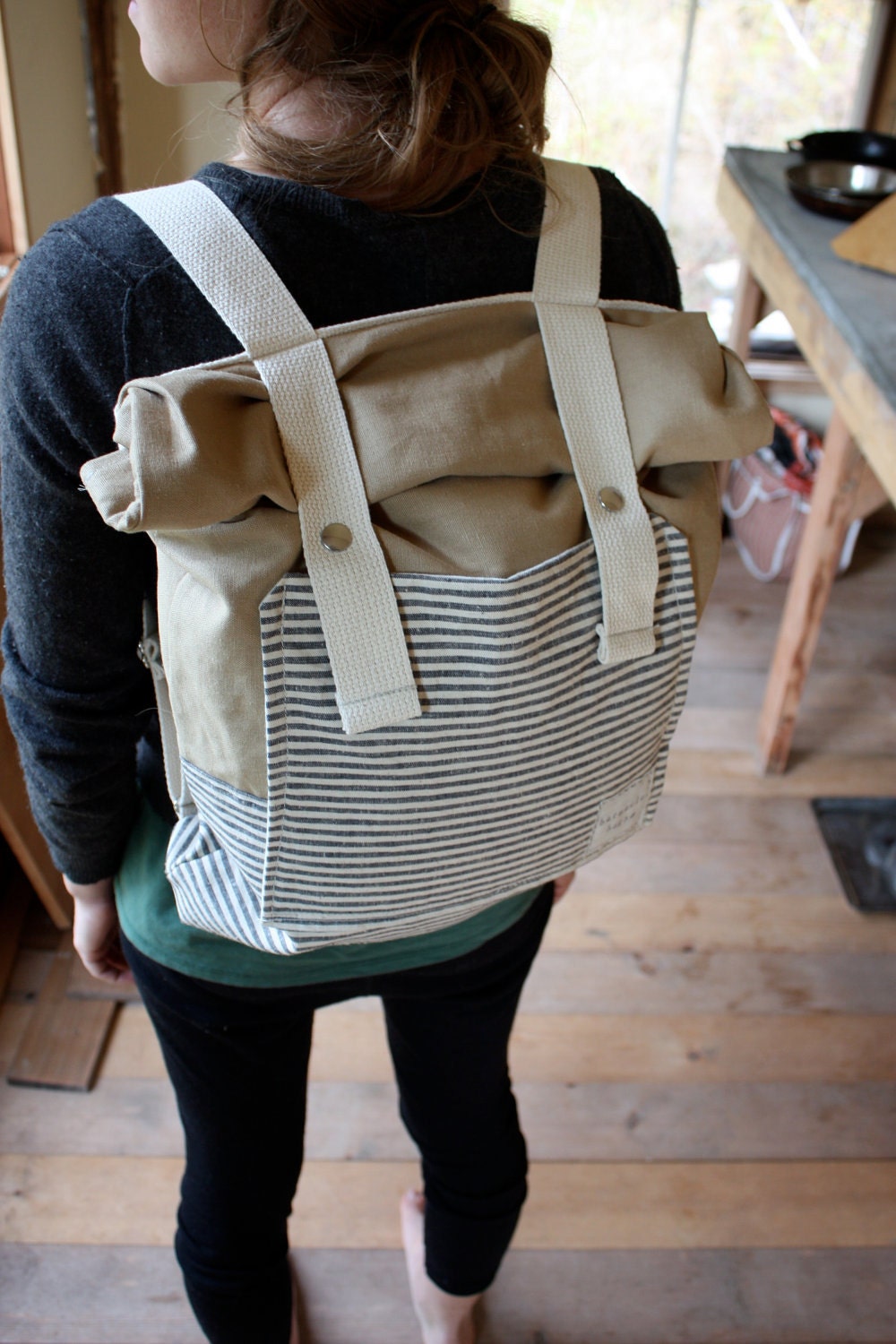 Organic Canvas Backpack - Roll Top - Stripes - Pockets - All Organic Rucksack