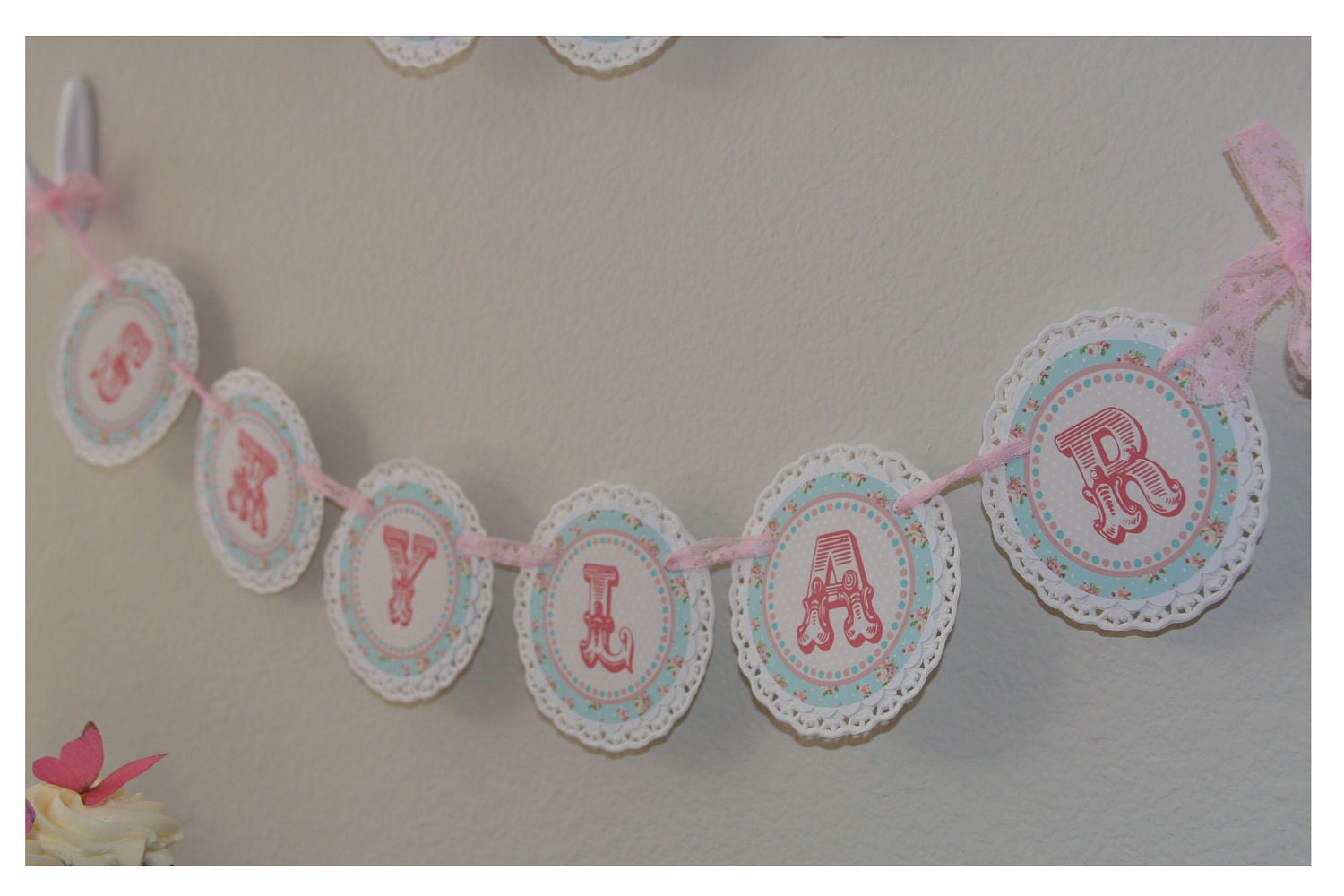 Shabby Chic Butterfly Banner DIY VERSION, Vintage Banner, Doilies, Rose Banner