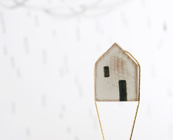 mini House necklace. white wood pendant. delicate gold plated snake chain. minimalist art