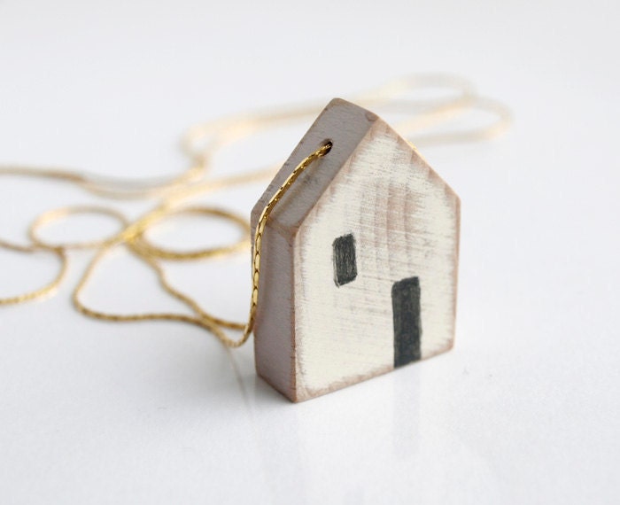 mini House necklace. white wood pendant. delicate gold plated snake chain. minimalist art