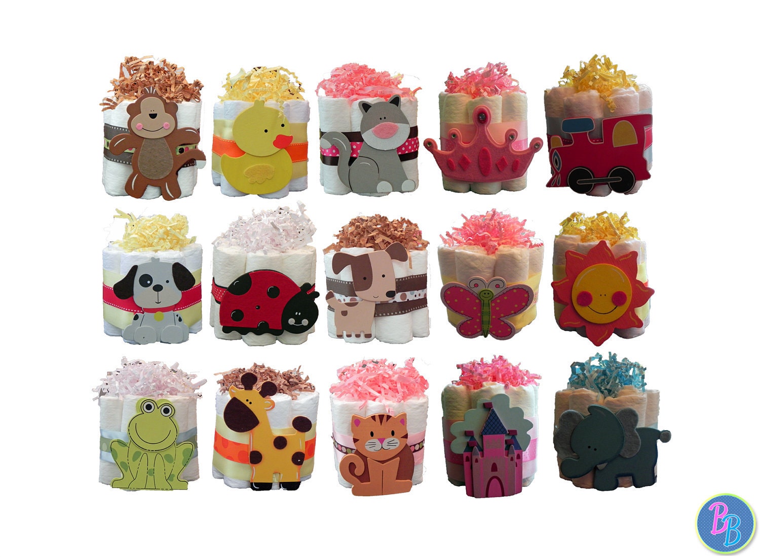 Mini Diaper Cakes - Unique Baby Shower Gift, Centerpiece, Favor cute jungle princess animals nautical boy girl neutral custom