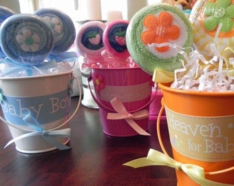 Washcloth Lollipop Pail -  Unique Baby Shower Gifts and Favors - infant washcloth, candy, girl, boy, neutral, cute