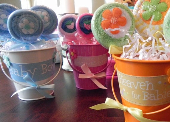 Washcloth Lollipop Pail -  Unique Baby Shower Gifts and Favors - infant washcloth, candy, girl, boy, neutral, cute