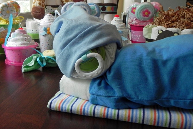 Sleeping Baby Diaper Cake - baby blanket onesie hat socks pacifier baby shower gift cute unique boy girl neutral