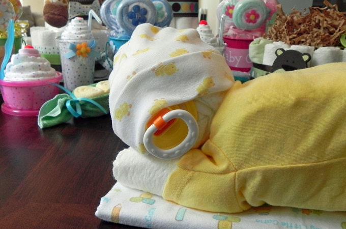 Sleeping Baby Diaper Cake - baby blanket onesie hat socks pacifier baby shower gift cute unique boy girl neutral