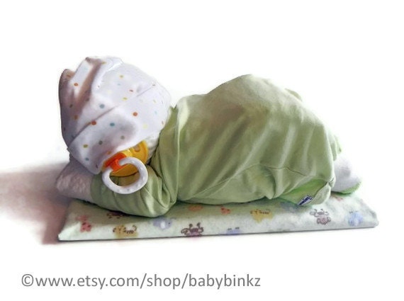 Sleeping Baby Diaper Cake - baby blanket onesie hat socks pacifier baby shower gift cute unique boy girl neutral