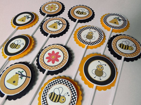 Cupcake Toppers: Bumble Bees & Honey - Yellow and Black Baby Shower or Kids Birthday Party Decorations