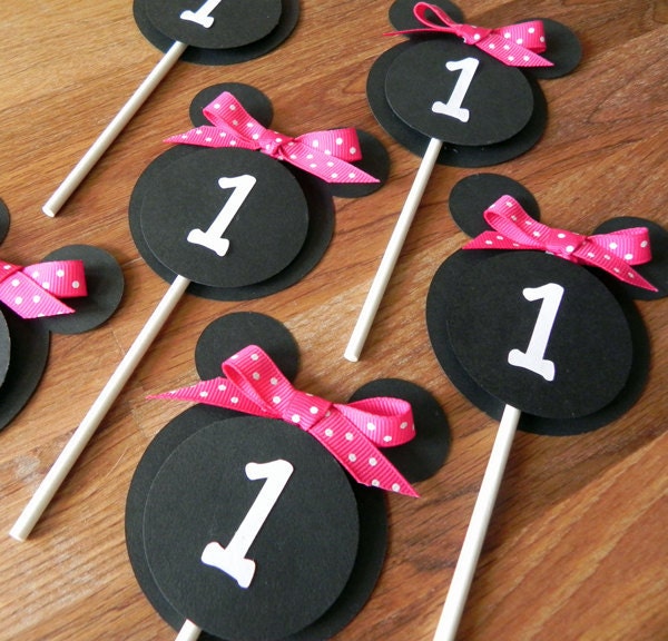 Cupcake Toppers: Minnie Mouse - Pink, White & Black Party Decorations kids birthday girl ribbon polka dot