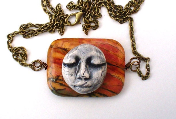Picture Jasper Pendant Necklace with Ceramic Serene Face and Antique Bronze Chain - TheRedPoppyShop