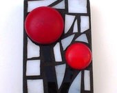 ACEO Mosaic: Mod Red Poppies Vintage Buttons Stained Glass Mixed Media Mosaic Shelf Sitter Wall Hanging Gift