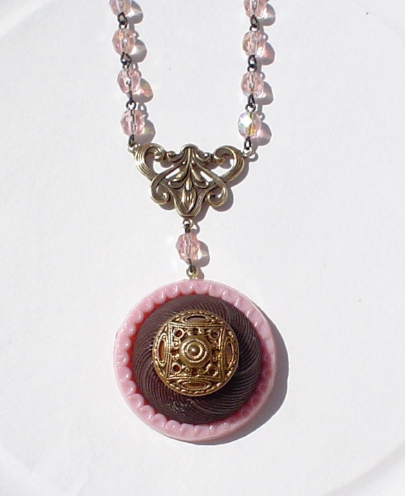 Vintage Rosary and Button Necklace: Pink Cupcake Jewelry