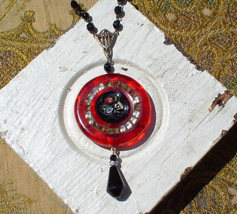 Vintage Rosary, Button and Buckle Necklace Jewelry:  Red Flowers for a Lady