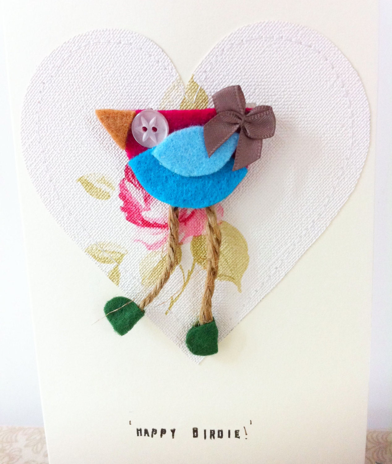 Handmade birthday card with detachable felt bird brooch FREE SHIPPING UK