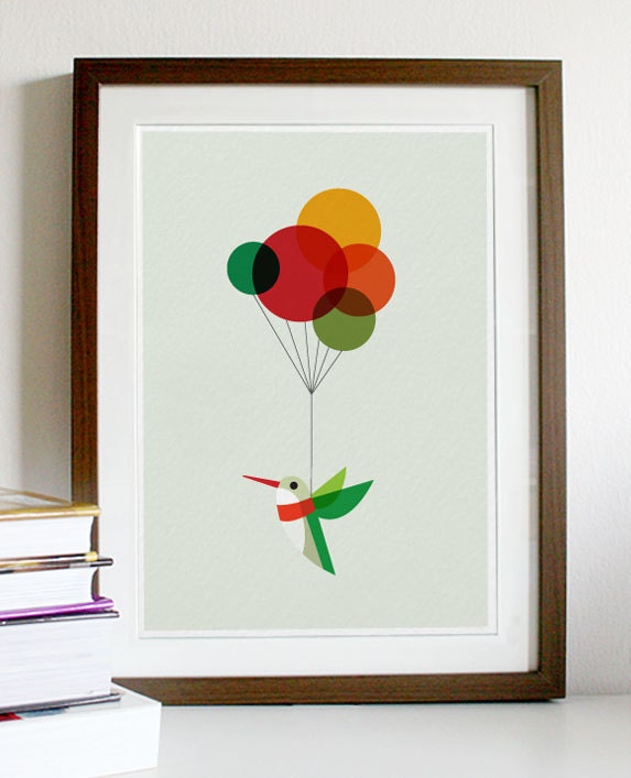 Hummingbird with Colourful Balloons - A3 Print