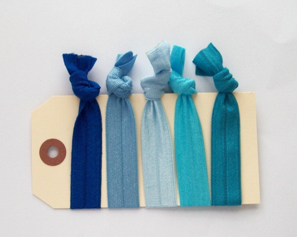 elastic hair ties blues royal, medium blue, light blue, turquoise and teal set of 5 hair accessories