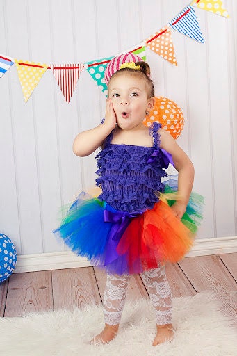 Tutu Girls Rainbow Tutu - Baby Infant Toddler Girl Birthday Tutu - 6 Months to 5T - Matching Satin Flower Clip