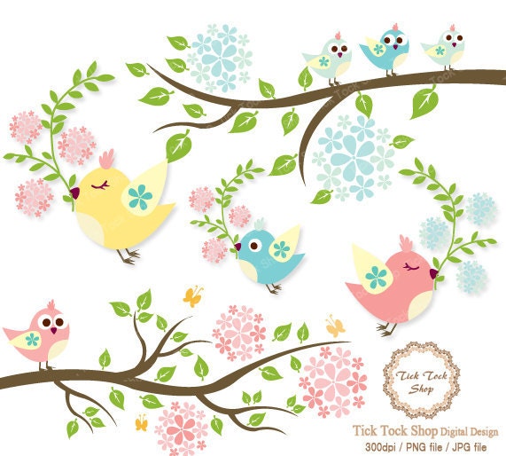 Birds &the branch in full blossom SET - 6 inch(owl dove etc)Clip Art