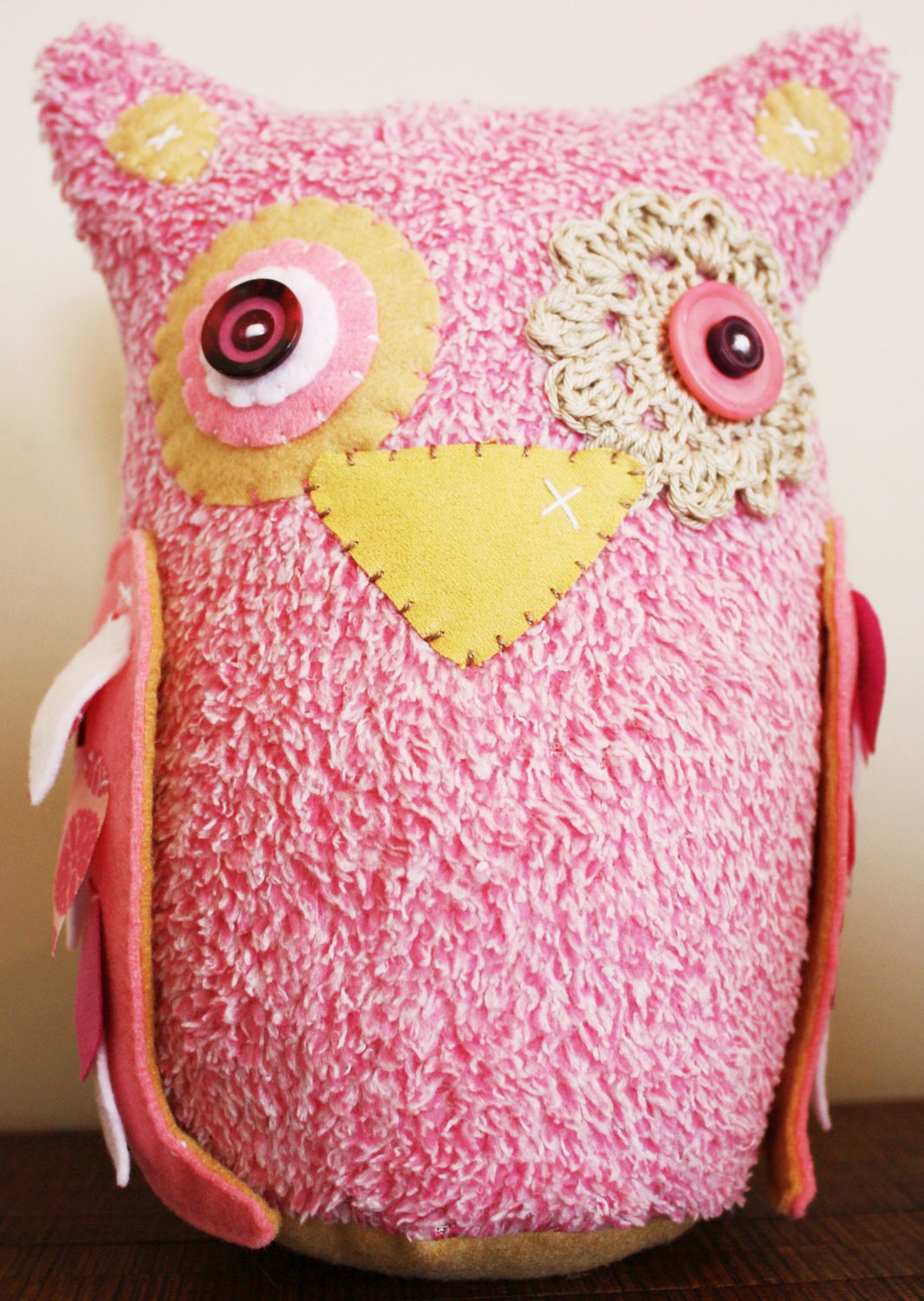 BOObeloobie Large Orli the Owl in Pink, Cream and white accents with crochet eye detail
