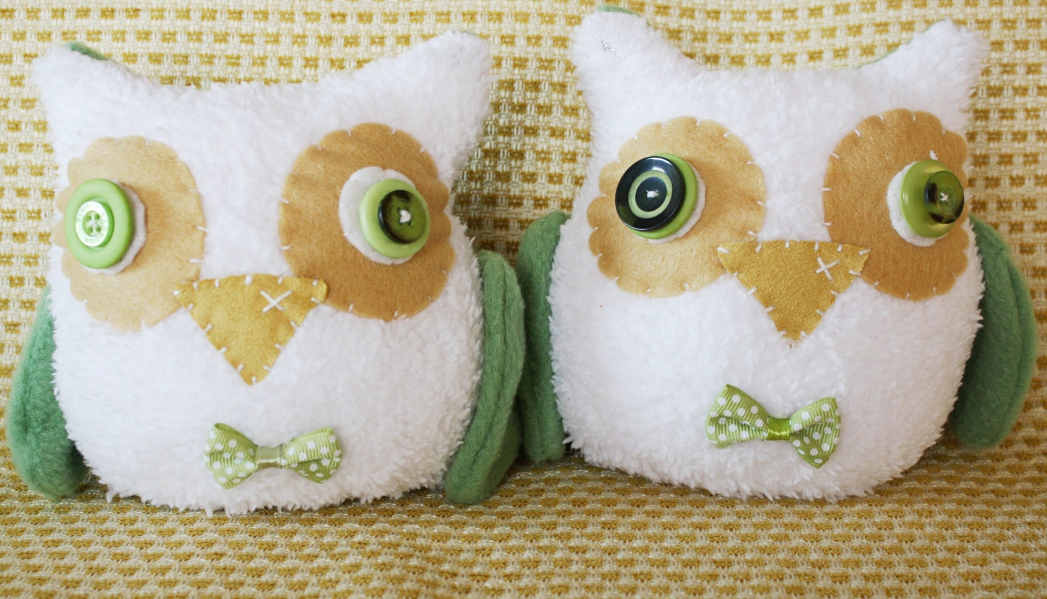 BOObeloobie Orli the Owl in Olive Green, White and Cream with a yellow beak and wing detail