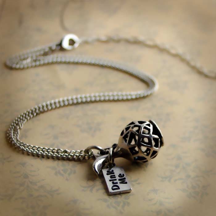 Alice In Wonderland Bottle Vial Necklace Drink Me antique silver
