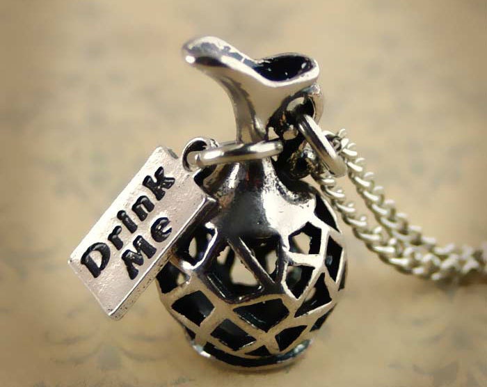 Alice In Wonderland Bottle Vial Necklace Drink Me antique silver
