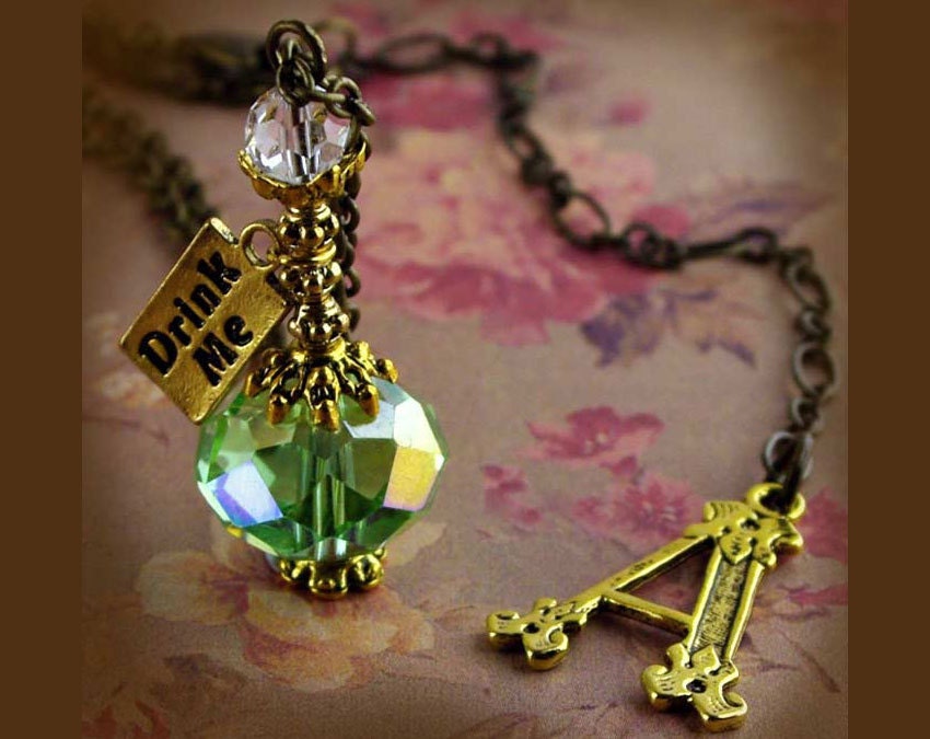 Alice In Wonderland Drink Me Bottle Vial Necklace antique gold antique brass bronze